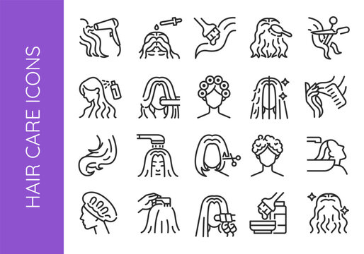 Hair care icons. Large set of hair care trendy minimal icons. Example: Hairdryer, Oil, Brush, Curlers, Shampoo icon. Design signs for web page mobile app packaging design. Vector illustration
