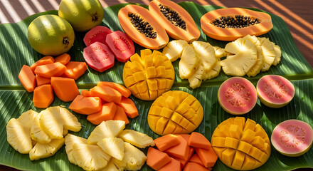Tropical fruits like mango, papaya, guava, and pineapple, artistically arranged on a vibrant green banana leaf create a delectable display.