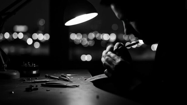 Watchmaker Focusing on Intricate Repairs at Night - A watchmaker is intensely focused on repairing a small timepiece under the illumination of a desk lamp.