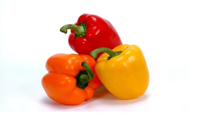 Bulgarian Red, Orange and Yellow Isolated on White Background. Three Bell Peppers Vegetable isolated. Mix, Tasty, Healthy Food, Sweet, Freshness, Closeup, Top View, Vegetarian 