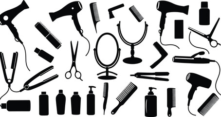 Obraz premium Hair salon tools and beauty equipment set, including scissors, hairdryer, comb, mirror, straightener, styling product bottles, vector illustration