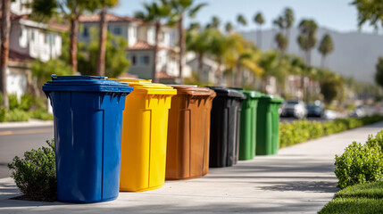 A row of colorful recycling bins lined up on the street: blue, yellow, brown and black, followed by green. 