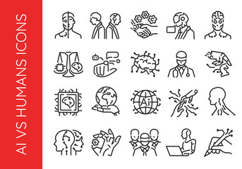 Obraz premium AI vs Humans icons. Set of 20 AI vs Humans trendy minimal icons. Example: Human Head, AI Handshake, Robot, Chip icon. Design signs for web page, mobile app, packaging design. Vector illustration