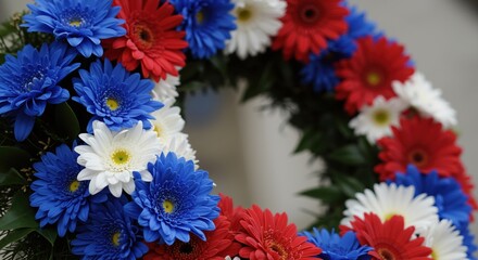 Floral wreath with red, white, and blue flowers for memorial  