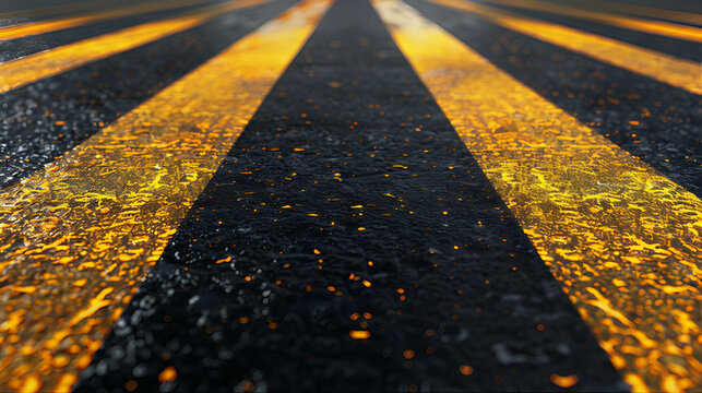 Yellow lines on asphalt road flexural street ground level driving directions. Straightway road lines, double lines.  two parallel lines line marking,  road striping. Double yellow lines parking lot. 