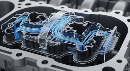 Engine component with transparent details and blue fluid pathways  