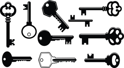 Vintage key silhouettes cad drawing flat vector illustration, ornate and modern key designs collection, front layout security tool concept