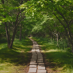 Obraz premium The text describes a simple stone path that passes through a lush green forest.