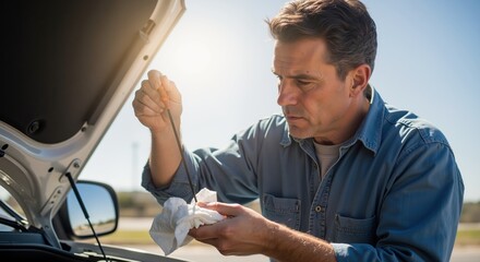 Man inspecting car engine with dipstick during daylight outdoors  