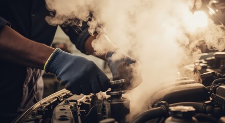 Mechanic working on engine with steam and tools in workshop  