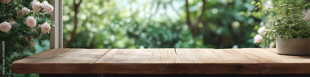 Poster a wooden table with a potted plant on it. the table is in front of a window with a view of a lush gr