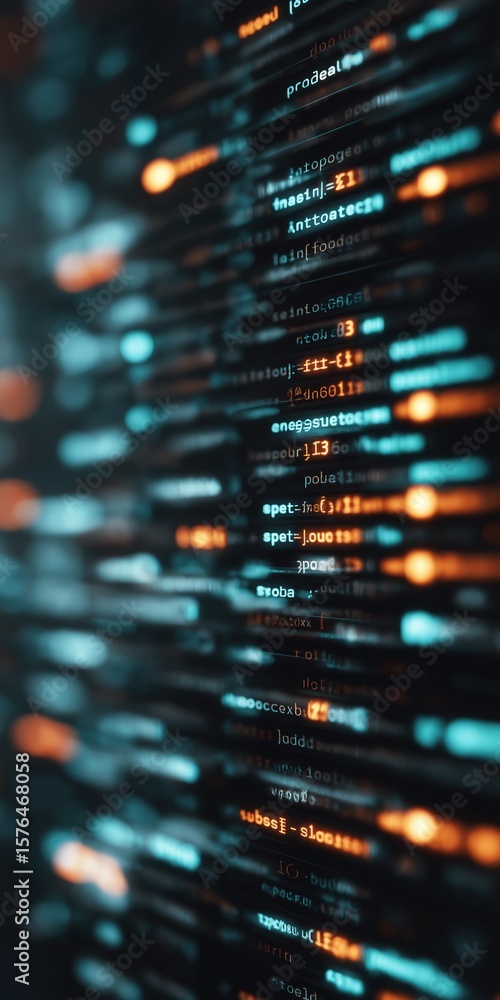 Poster a computer screen with a lot of numbers and letters. the numbers are in different colors and sizes
