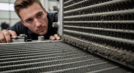 Technician inspecting dirty radiator in automotive workshop  