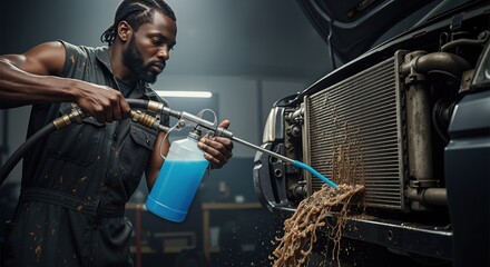 Man cleaning car radiator with high-pressure water in garage  