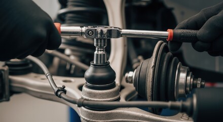 Mechanic working on car suspension with ratchet tool in garage  