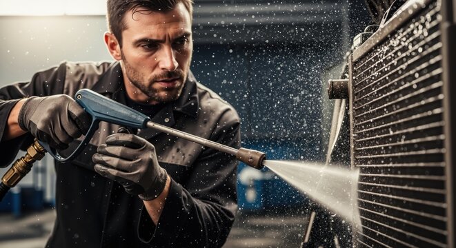 Man using pressure washer to clean equipment in workshop  