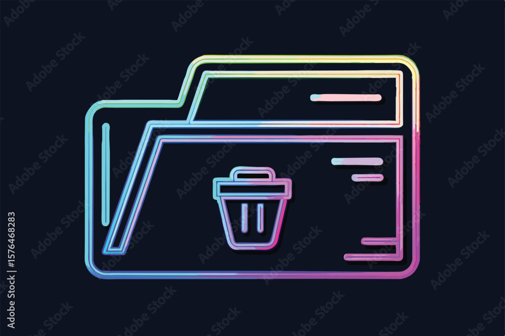 Poster a vibrant neon icon of a file folder with a delete symbol, representing digital data management. per
