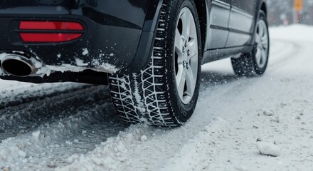 Car tire tracks on snowy road in winter landscape  