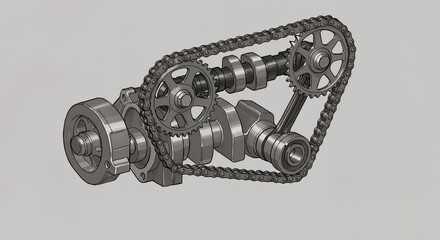 Engine component with gears and chain on neutral background  