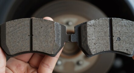 Brake pad held in hand with vehicle wheel in background  