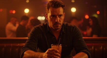 Man sitting at bar with drink in hand, looking serious at night  