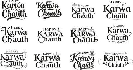 Fototapeta premium Happy Karwa Chauth Typography Bundle Vector Indian Festival Decorative Lettering Set .