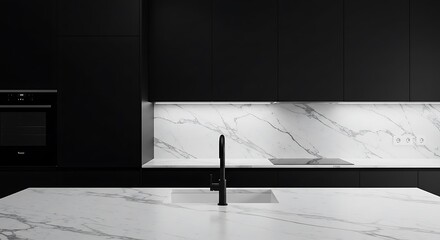 Modern Kitchen Black Cabinets, White Marble Countertop, Minimalist Style