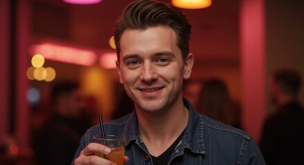 Young man smiling and holding a drink in a vibrant social setting  