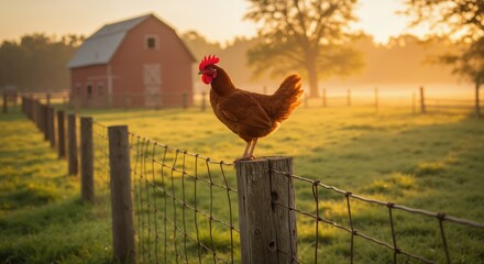 Chicken perched on fence post at sunrise near barn in countryside