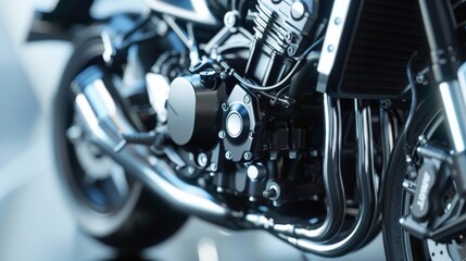 Obraz premium Sleek motorcycle engine and exhaust system showcased with precision focus and a polished, modern aesthetic for automotive enthusiasts.