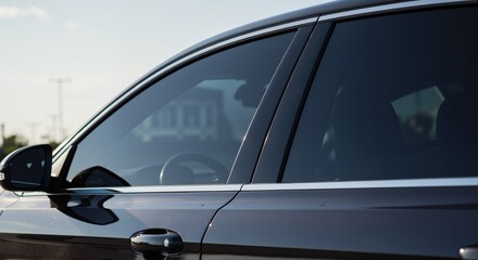 Black car with tinted windows parked under clear blue sky  
