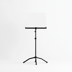 A black music stand with an adjustable tripod base, holding a blank white sheet, set against a plain white background.