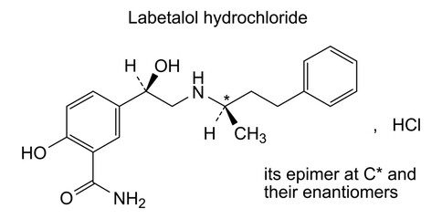 Chemical structure of labetalol hydrochloride, drug substance