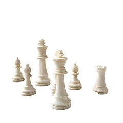 A set of white chess pieces arranged on a black background. The pieces include a king, queen, rooks, bishops, knights, and pawns, showcasing their distinct shapes.