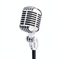 Fototapeta premium A classic vintage-style silver microphone with a stand, set against a white background.