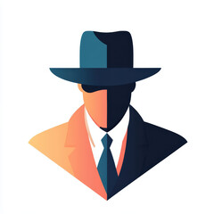 A stylized, symmetrical illustration of a man in a hat and suit, split into warm and cool color tones, representing duality or contrast.