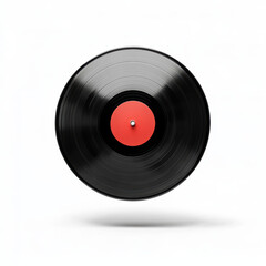 A black vinyl record with a red center label is shown floating against a white background, highlighting its grooves and classic design.