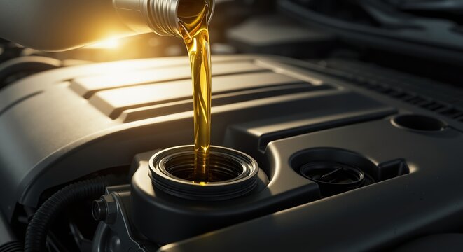 Engine oil being poured into car engine in maintenance setting  