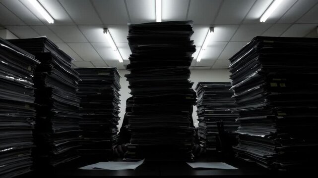 Stacks of Documents in Dimly Lit Office - The video features towering stacks of documents on a table in a dimly lit office environment.