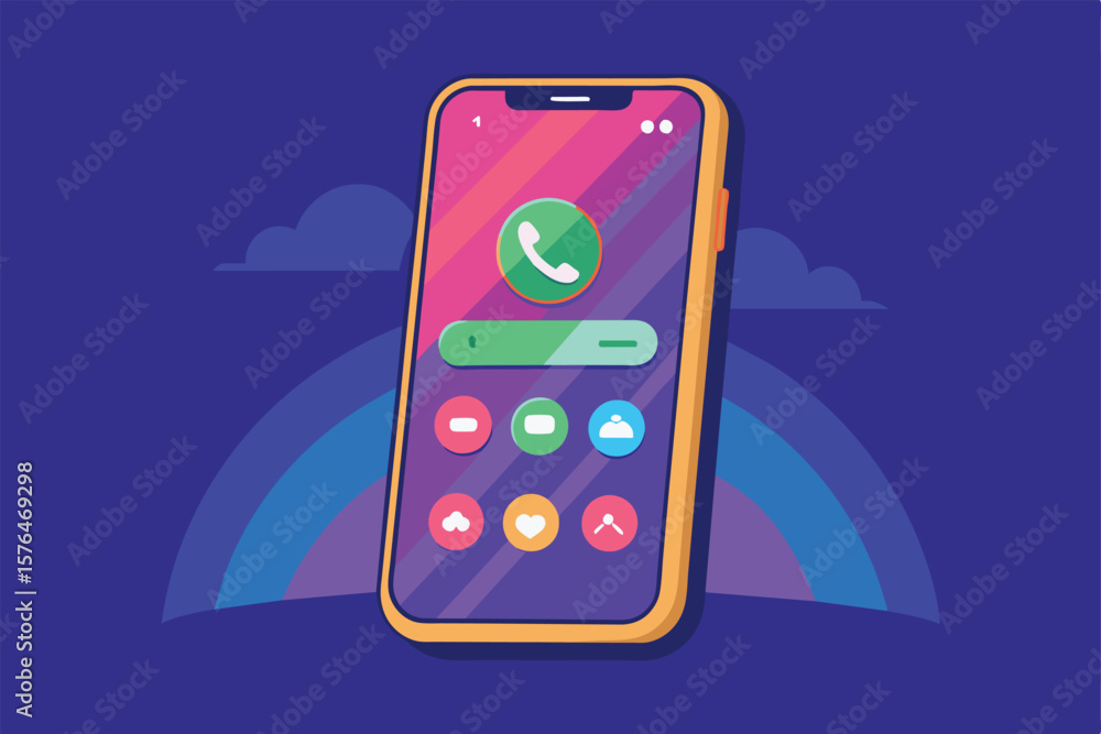 Poster illustration of a smartphone interface featuring various app icons in vibrant colors on a gradient b