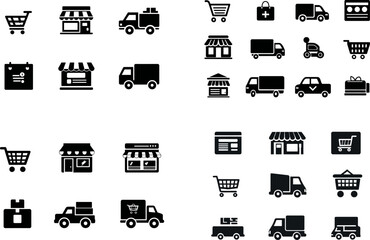 Ecommerce icons set shopping cart store delivery truck black vector illustration