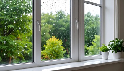 Obraz premium Rain drops on windowpane, view of green trees