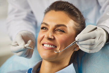Woman showing perfect white toothy smile after whitening dental treatment procedure showing result,...