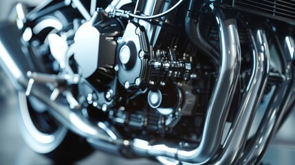 Fototapeta premium Close-up showcases the engine and exhaust pipes of a vintage motorcycle, highlighting its mechanics, chrome, and sleek design.