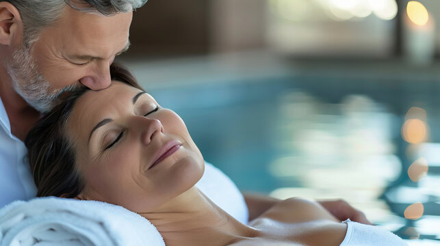 Couple  relaxing in spa salon. Couple relaxing a spa massage therapy jacuzzi with a pool, hoot tub vacation holiday getaway. 
