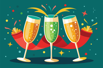 Illustration of three champagne glasses surrounded by colorful confetti and ribbons, symbolizing a festive celebration and joy. Perfect for holiday, party, or New Year themes.