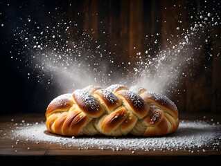 Delicious challah bread recipe: braided loaf with powdered sugar baking photography
