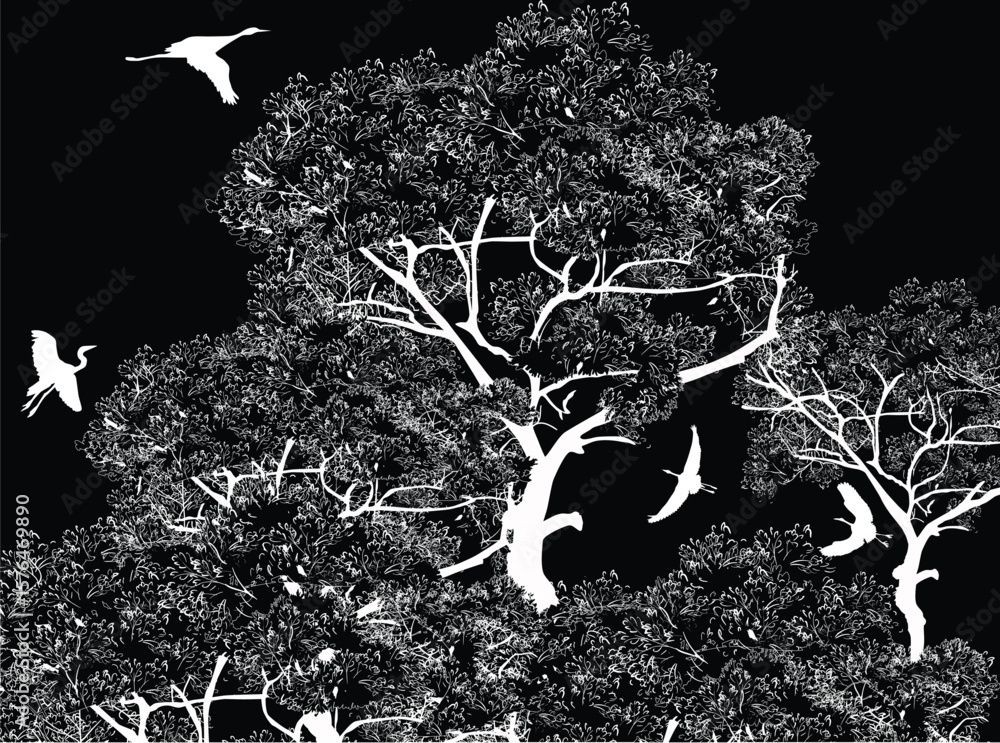Canvas Prints storks and trees isolated on black
