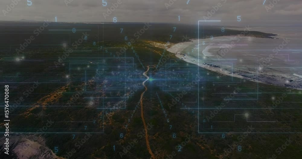 Aufkleber upon aerial perspective revealing path to sandy bay glowing node pulsing as overlay mapping data