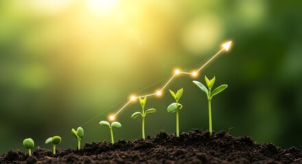 Young plants growing in soil with an illuminated arrow representing growth and progress.